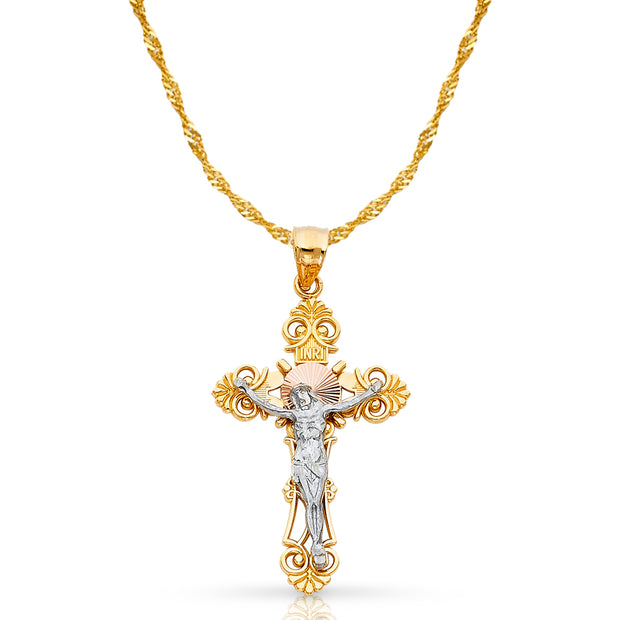 14K Gold Crucifix Cross Pendant with 1.8mm Singapore Chain