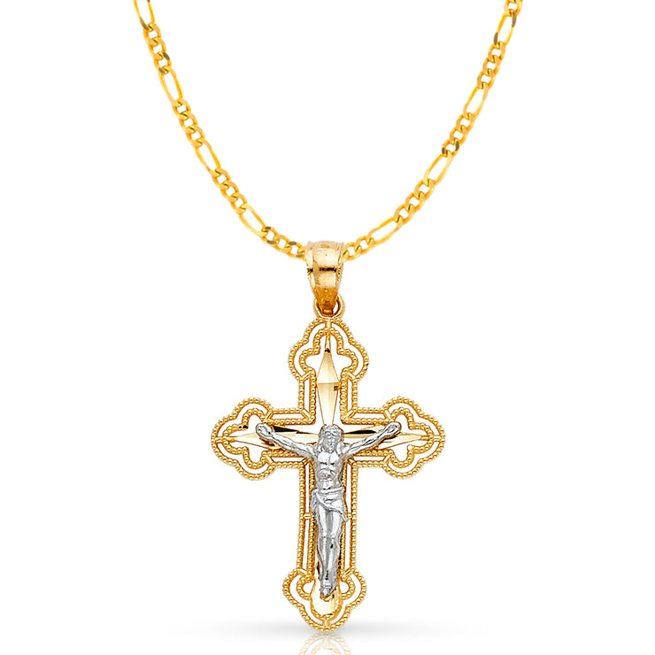 14K Gold Crucifix Cross Pendant with 2.3mm Figaro 3+1 Chain