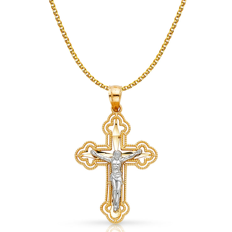 14K Gold Crucifix Cross Pendant with 1.5mm Flat Open Wheat Chain