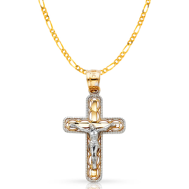 14K Gold Crucifix Cross Pendant with 2.3mm Figaro 3+1 Chain