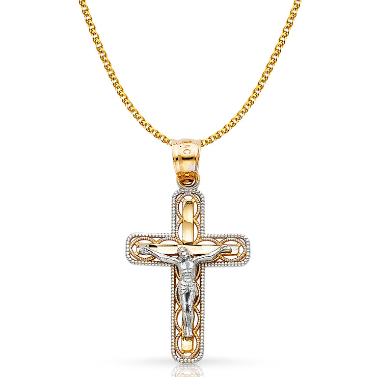 14K Gold Crucifix Cross Pendant with 1.5mm Flat Open Wheat Chain