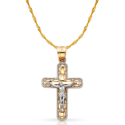 14K Gold Crucifix Cross Pendant with 1.2mm Singapore Chain