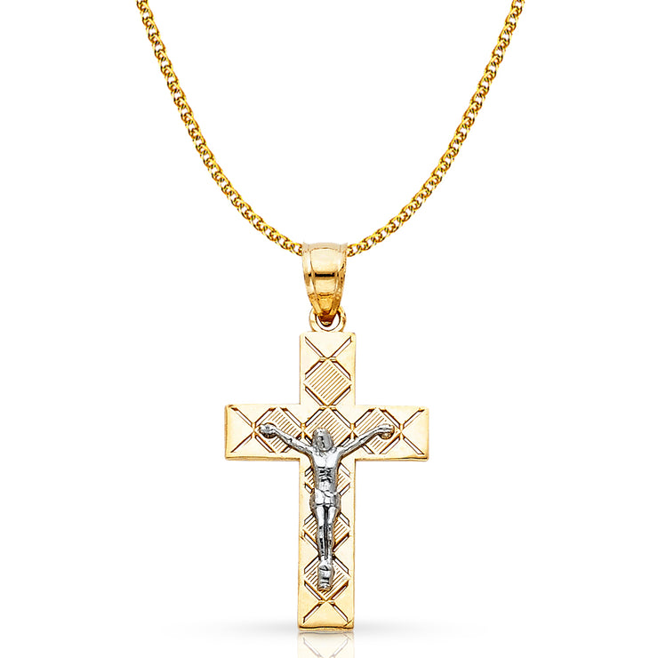 14K Gold Crucifix Cross Pendant with 1.5mm Flat Open Wheat Chain