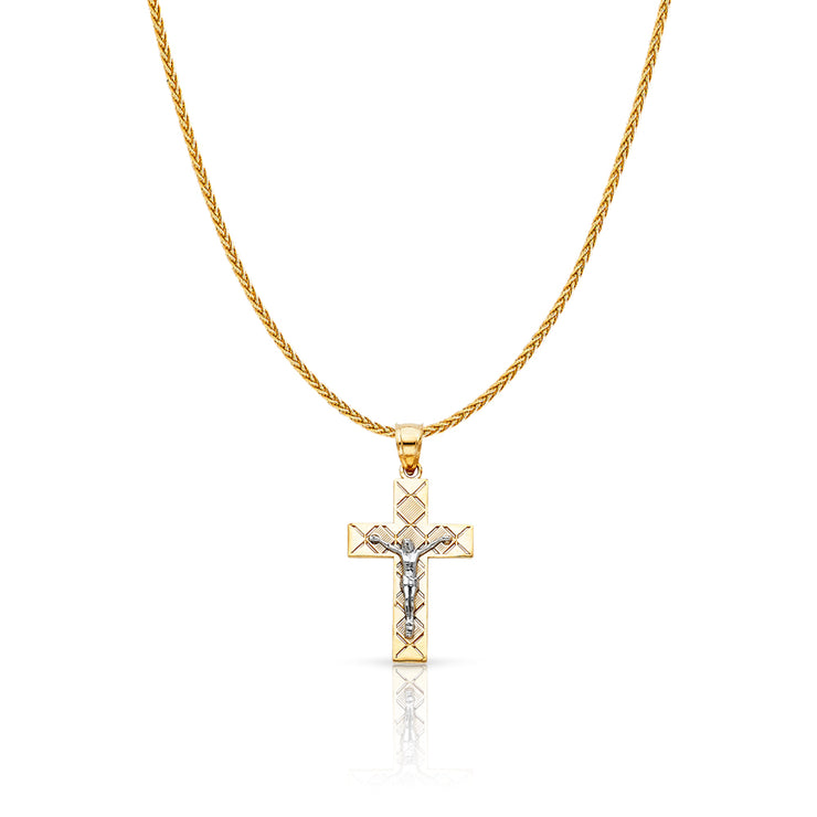 14K Gold Jesus Crucifix Cross Charm Pendant with 1.1mm Wheat Chain Necklace