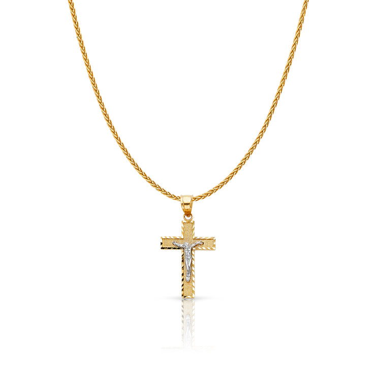 14K Gold Jesus Crucifix Cross Charm Pendant with 1.1mm Wheat Chain Necklace