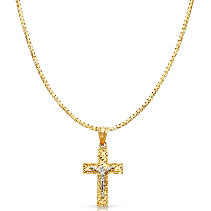 14K Gold Jesus Crucifix Cross Religious Charm Pendant with 0.8mm Box Chain Necklace