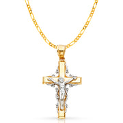 14K Gold Crucifix Cross Pendant with 3.1mm Figaro 3+1 Chain