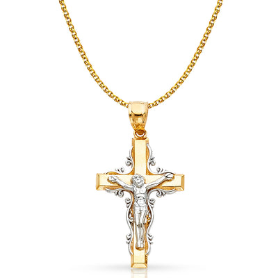 14K Gold Crucifix Cross Pendant with 1.5mm Flat Open Wheat Chain