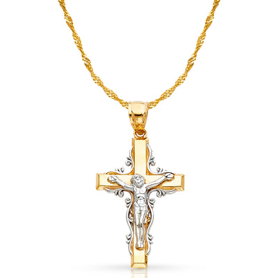 14K Gold Crucifix Cross Pendant with 1.2mm Singapore Chain