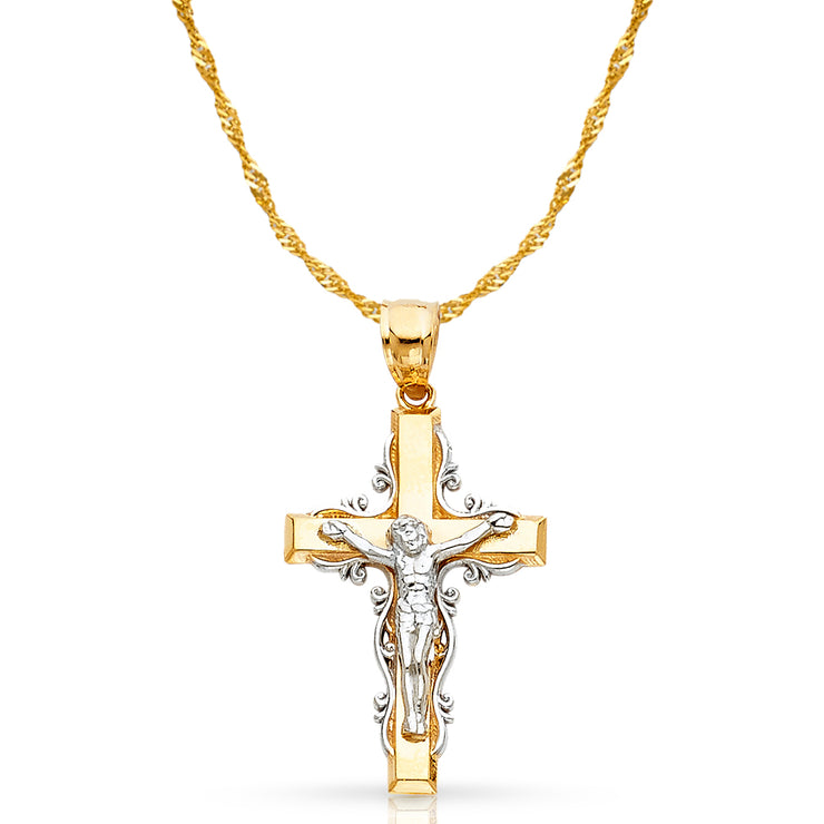 14K Gold Crucifix Cross Pendant with 1.2mm Singapore Chain