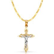 14K Gold Crucifix Cross Pendant with 2.3mm Figaro 3+1 Chain