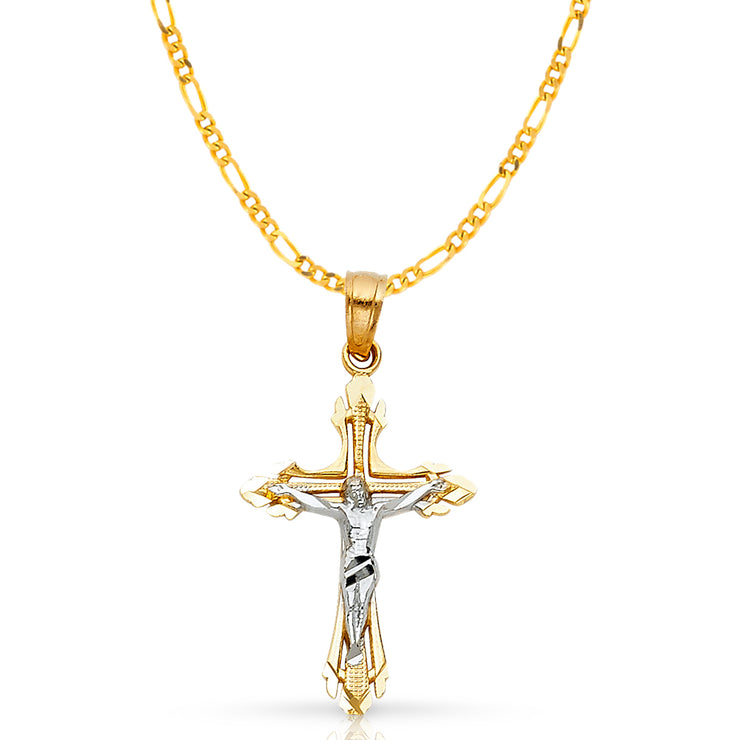 14K Gold Crucifix Cross Pendant with 2.3mm Figaro 3+1 Chain