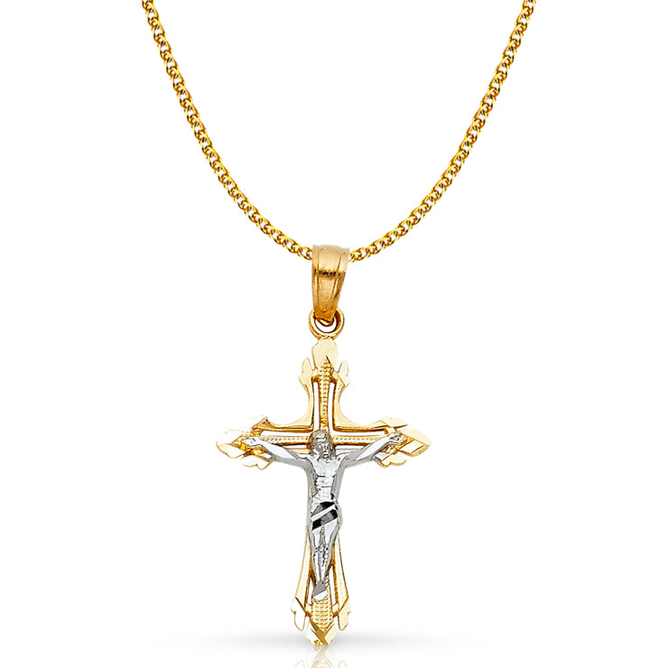 14K Gold Crucifix Cross Pendant with 1.5mm Flat Open Wheat Chain