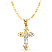 14K Gold Crucifix Cross Pendant with 2mm Figaro 3+1 Chain