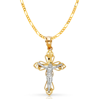 14K Gold Crucifix Cross Pendant with 2mm Figaro 3+1 Chain