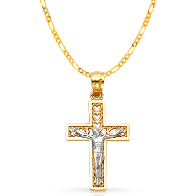 14K Gold Crucifix Cross Pendant with 2.3mm Figaro 3+1 Chain