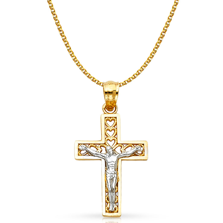 14K Gold Crucifix Cross Pendant with 1.5mm Flat Open Wheat Chain