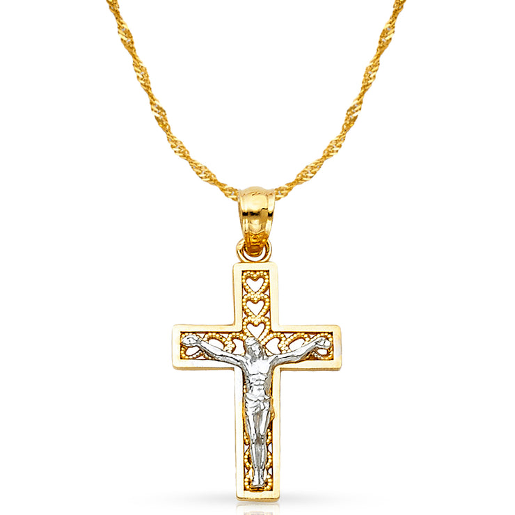 14K Gold Crucifix Cross Pendant with 1.2mm Singapore Chain