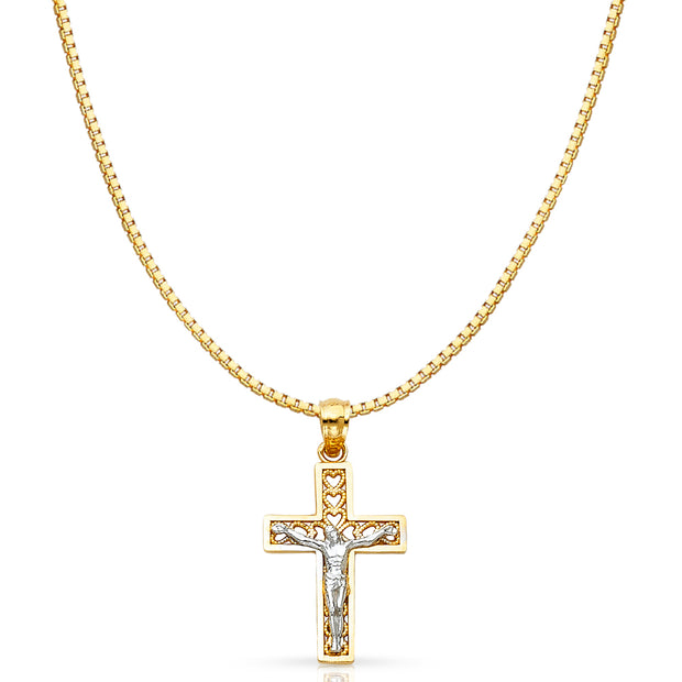 14K Gold Jesus Crucifix Cross Religious Charm Pendant with 0.8mm Box Chain Necklace