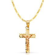 14K Gold Crucifix Cross Pendant with 2.3mm Figaro 3+1 Chain