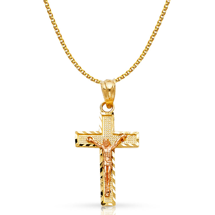 14K Gold Crucifix Cross Pendant with 1.5mm Flat Open Wheat Chain