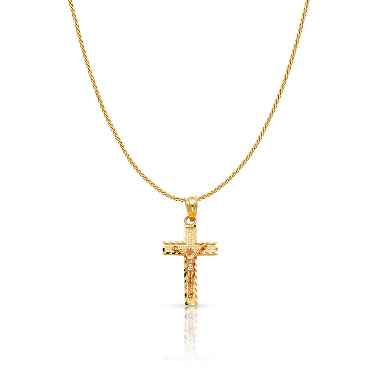 14K Gold Jesus Crucifix Cross Charm Pendant with 0.9mm Wheat Chain Necklace