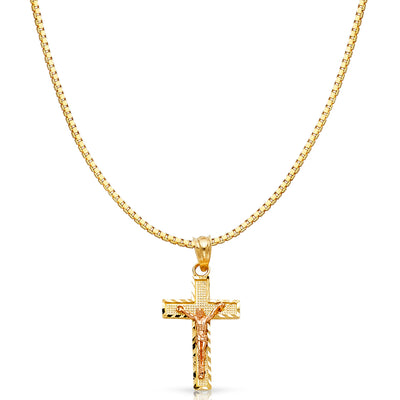 14K Gold Jesus Crucifix Cross Religious Charm Pendant with 0.8mm Box Chain Necklace