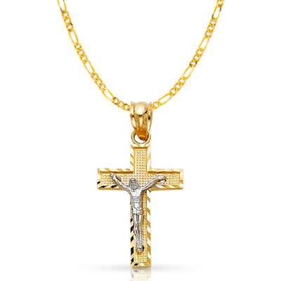 14K Gold Crucifix Cross Pendant with 2.3mm Figaro 3+1 Chain