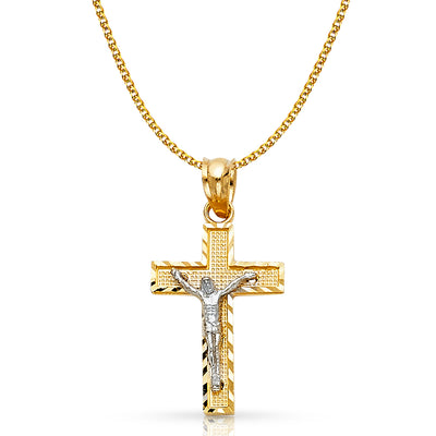 14K Gold Crucifix Cross Pendant with 1.5mm Flat Open Wheat Chain