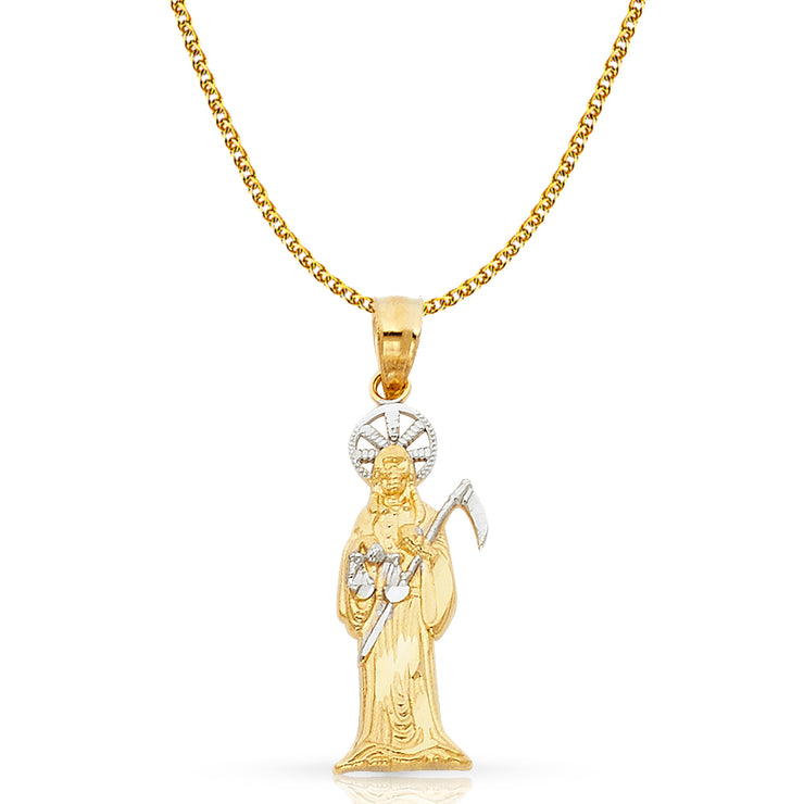 14K Gold Devil Pendant with 1.5mm Flat Open Wheat Chain