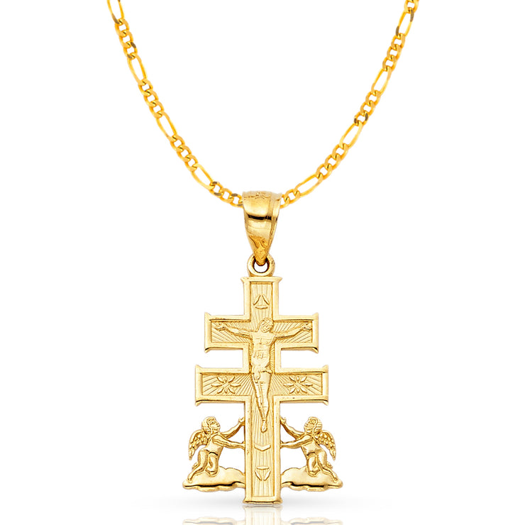 14K Gold Crucifix Cross of Caravaca Pendant with 2.3mm Figaro 3+1 Chain