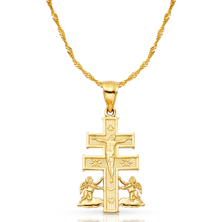 14K Gold Crucifix Cross of Caravaca Pendant with 1.2mm Singapore Chain