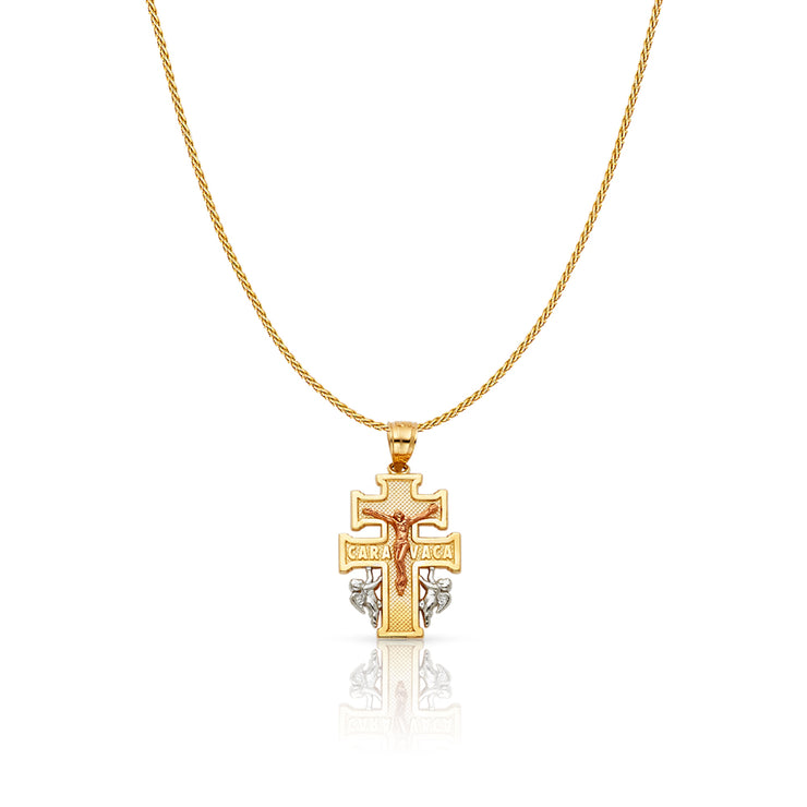 14K Gold Jesus Crucifix Cross of Caravaca Charm Pendant with 0.9mm Wheat Chain Necklace