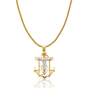 14K Gold Jesus Crucifix Anchor Charm Pendant with 1.4mm Round Wheat Chain Necklace