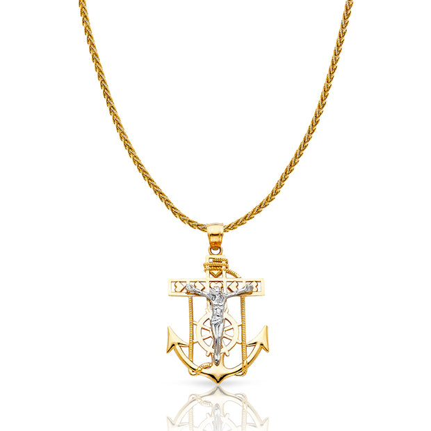 14K Gold Jesus Crucifix Anchor Charm Pendant with 1.4mm Round Wheat Chain Necklace