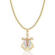 14K Gold Jesus Crucifix Anchor Charm Pendant with 1.4mm Round Wheat Chain Necklace