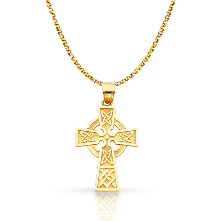 14K Gold Celtic Cross Pendant with 1.5mm Flat Open Wheat Chain