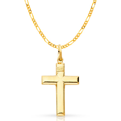 14K Gold Simple Cross Pendant with 2.3mm Figaro 3+1 Chain