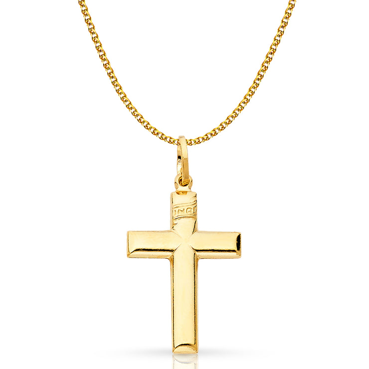 14K Gold Simple Cross Pendant with 1.5mm Flat Open Wheat Chain