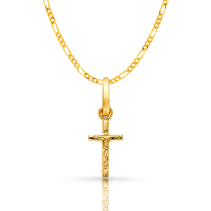 14K Gold Crucifix Cross Pendant with 1.6mm Figaro 3+1 Chain