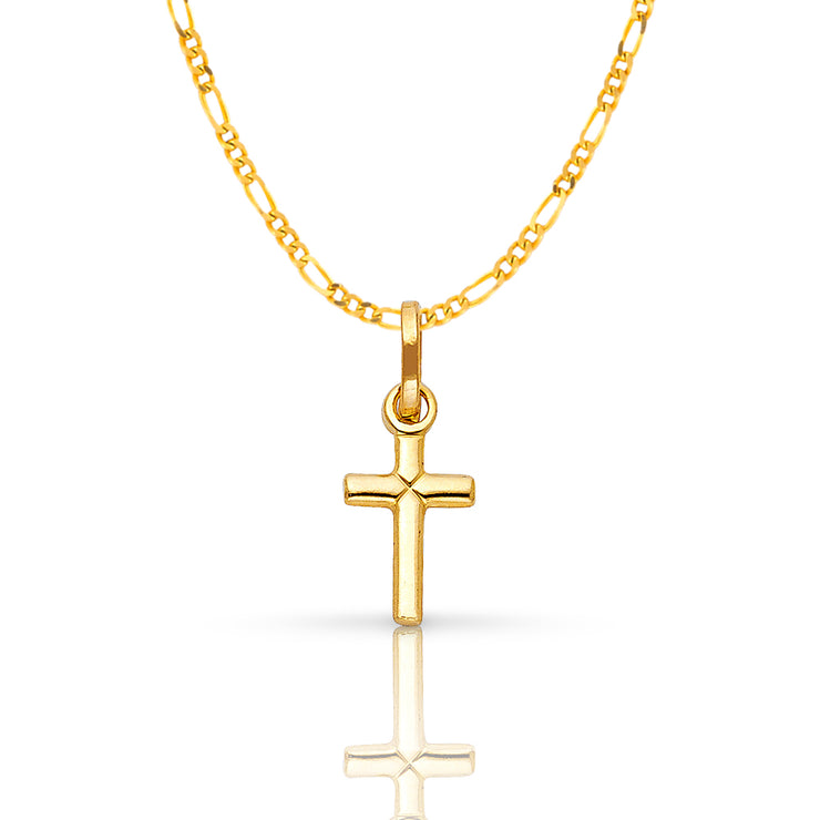 14K Gold Plain Cross Pendant with 1.6mm Figaro 3+1 Chain