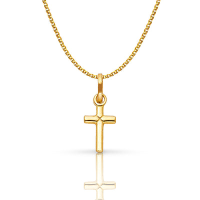 14K Gold Plain Cross Pendant with 1.2mm Flat Open Wheat Chain