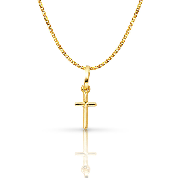 14K Gold Plain Cross Pendant with 1.2mm Flat Open Wheat Chain