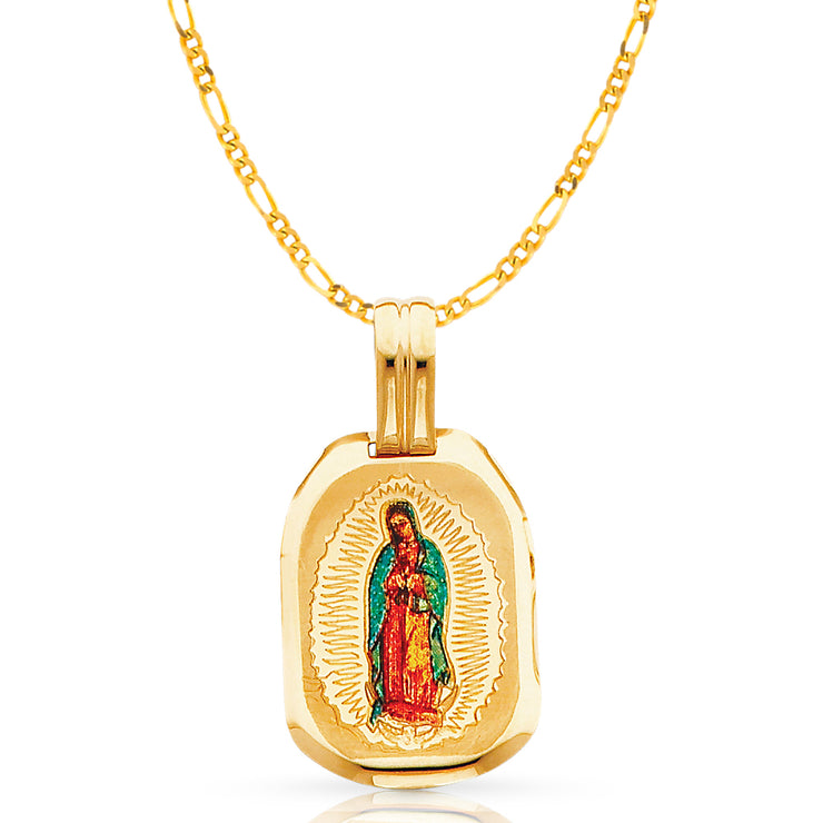 14K Gold Guadalupe Enamel Pendant with 2mm Figaro 3+1 Chain