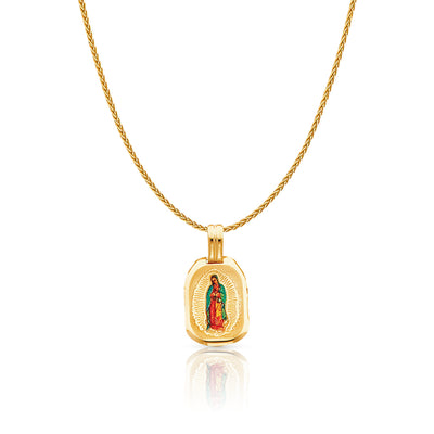 14K Gold Guadalupe Enamel Charm Pendant with 1.1mm Wheat Chain Necklace