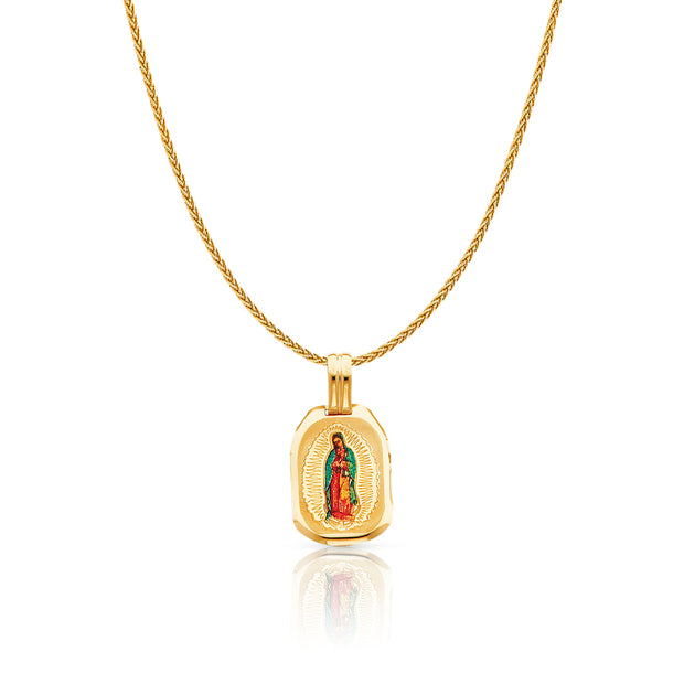 14K Gold Guadalupe Enamel Charm Pendant with 1.1mm Wheat Chain Necklace