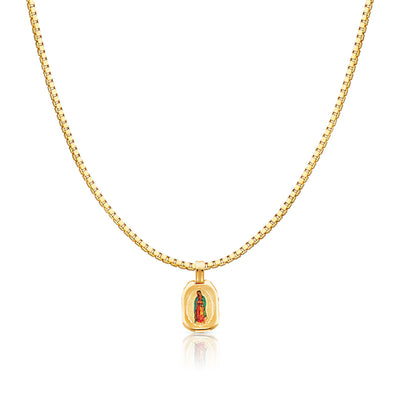 14K Gold Guadalupe Enamel Religious Charm Pendant with 1.2mm Box Chain Necklace