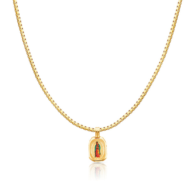 14K Gold Guadalupe Enamel Religious Charm Pendant with 1.2mm Box Chain Necklace