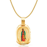 14K Gold Guadalupe Enamel Pendant with 1.2mm Flat Open Wheat Chain