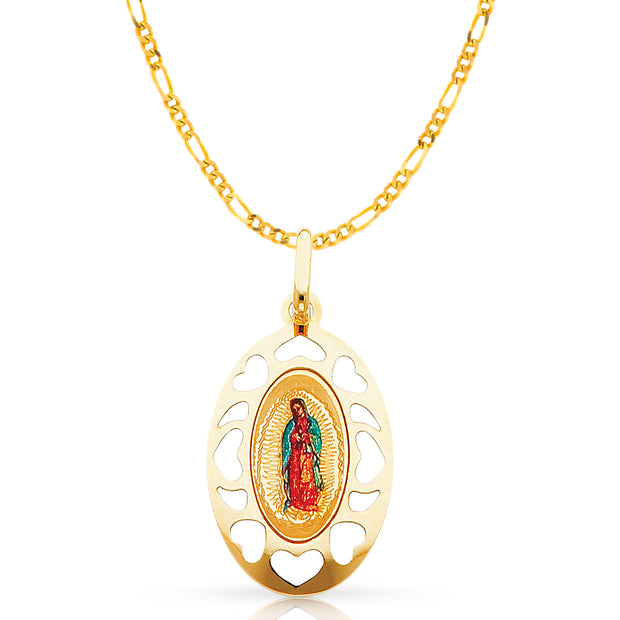 14K Gold Guadalupe Enamel Pendant with 2mm Figaro 3+1 Chain